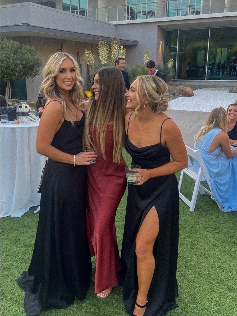 Fame and Partners Black Satin Slip Dress with Side Slit and Burgundy Slip Gown